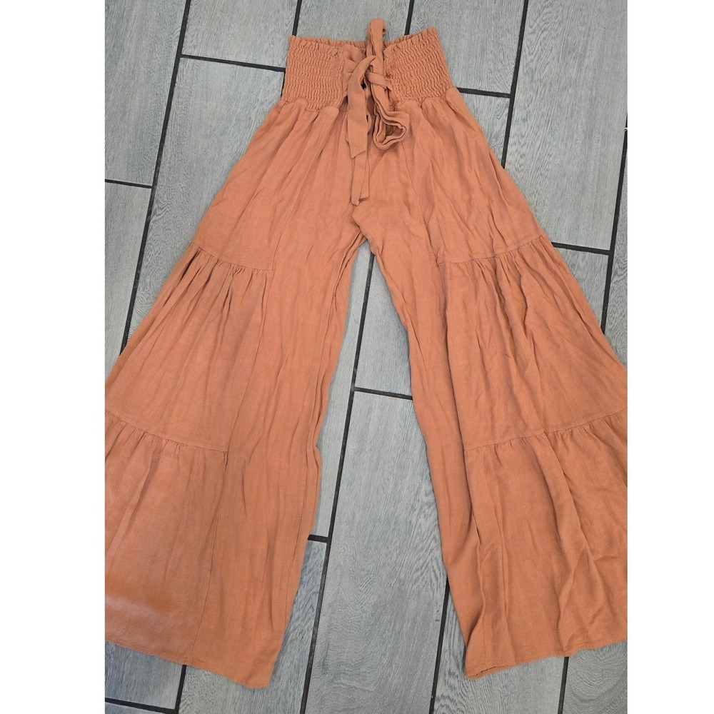 Terracotta Rust Smocked High Waist Tiered Wide Leg Linen Blend Pants Medium